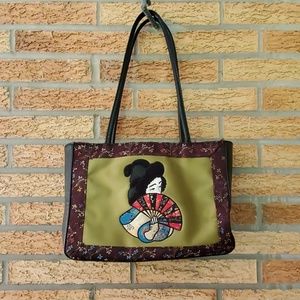 Vintage Embroidered Geisha Black & Green Satin Shoulder Bag